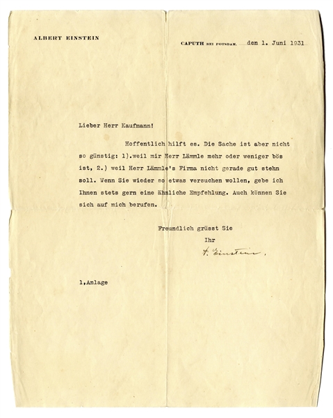 Albert Einstein Letter Signed to His Friend, Composer Walter Kaufmann -- ''...I shall always be happy to give you another similar recommendation...''